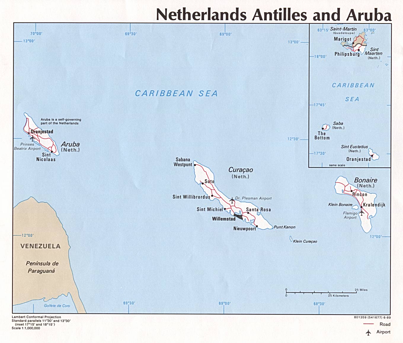 Mapa de las Antillas Holandesas y Aruba